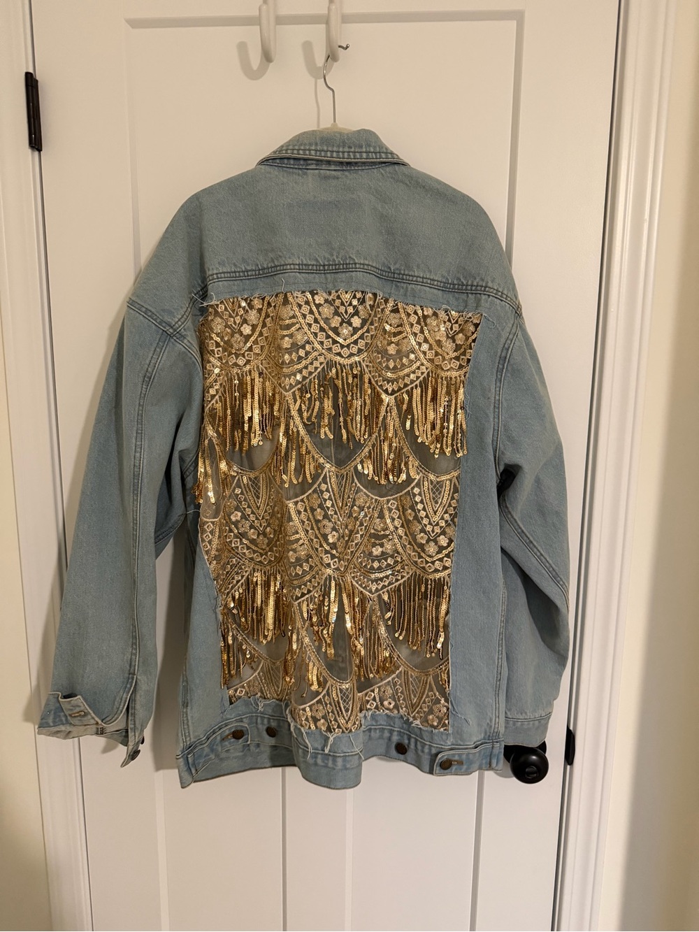Dragon Denim Embellished Light Blue Denim Jacket with Gold Sequin Back Panel